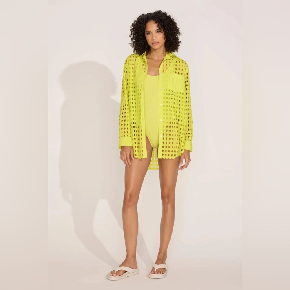 Solid & Striped Oxford Eyelet Tunic Coverup Mini Dress Long Sleeve Citron XS - Picture 15 of 15
